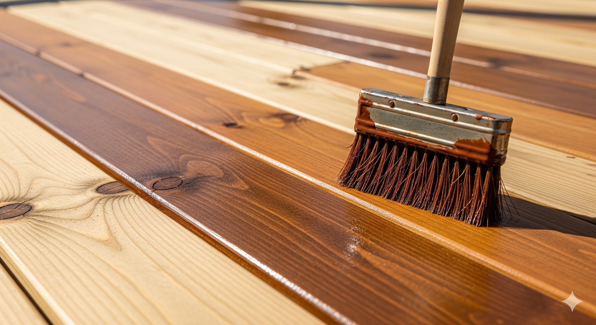 Applying wood stain to a wooden deck with a brush; dark brown stain contrasts with lighter wood.