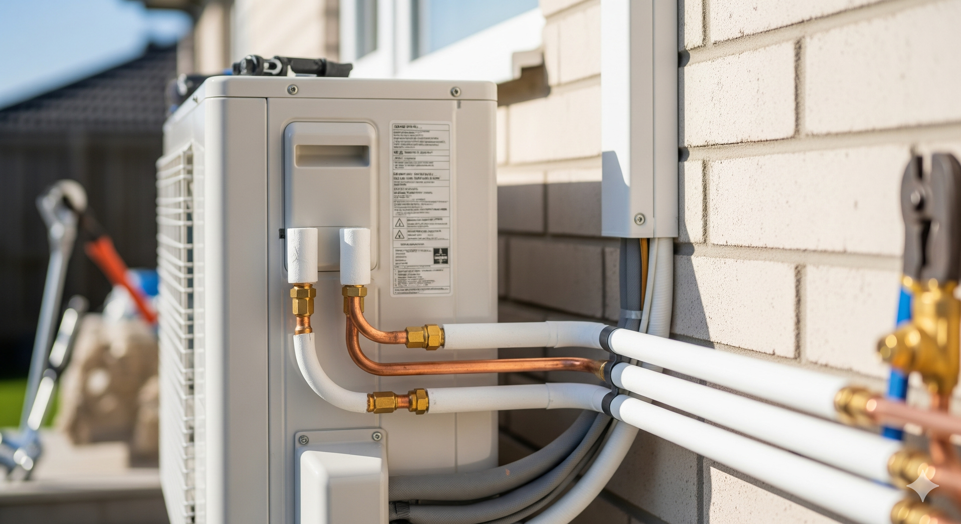 Air conditioning unit mounted on brick wall, with copper pipes and tools nearby.