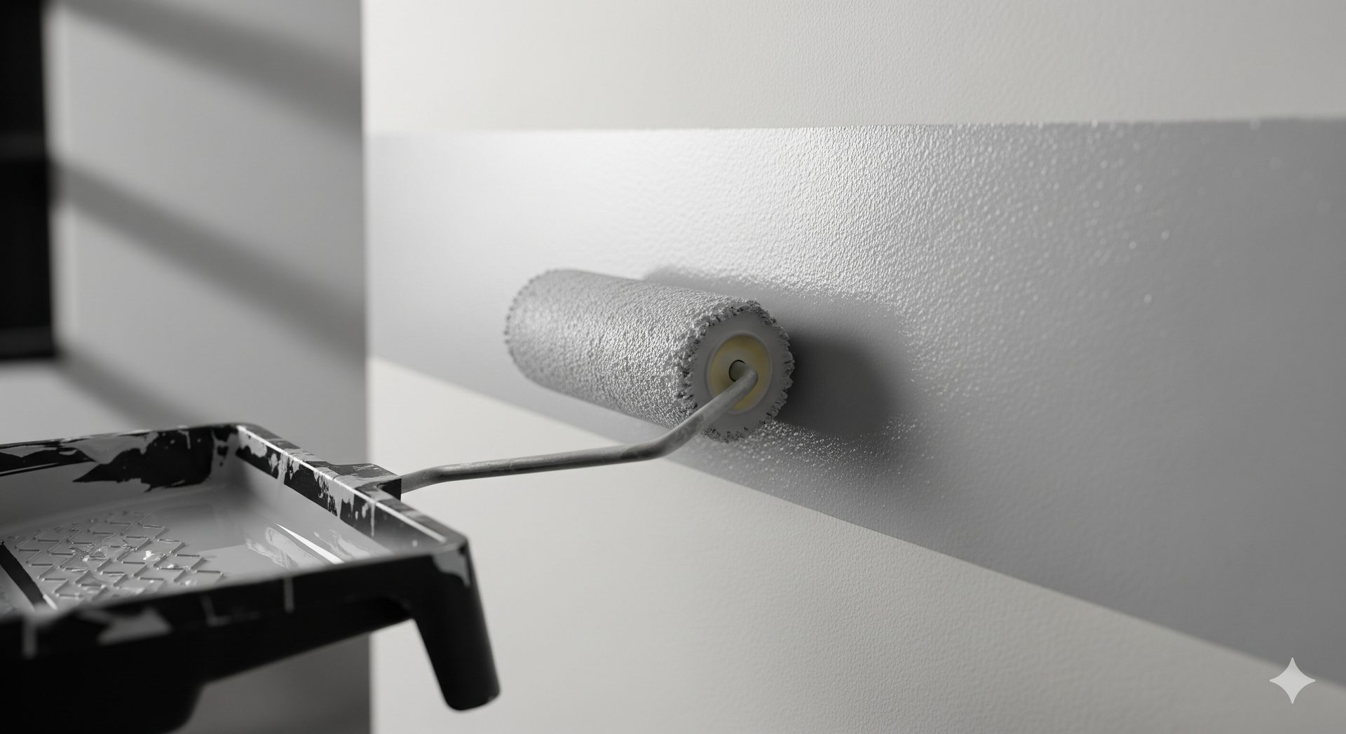 A person painting a gray stripe on a wall with a paint roller and tray in a room.