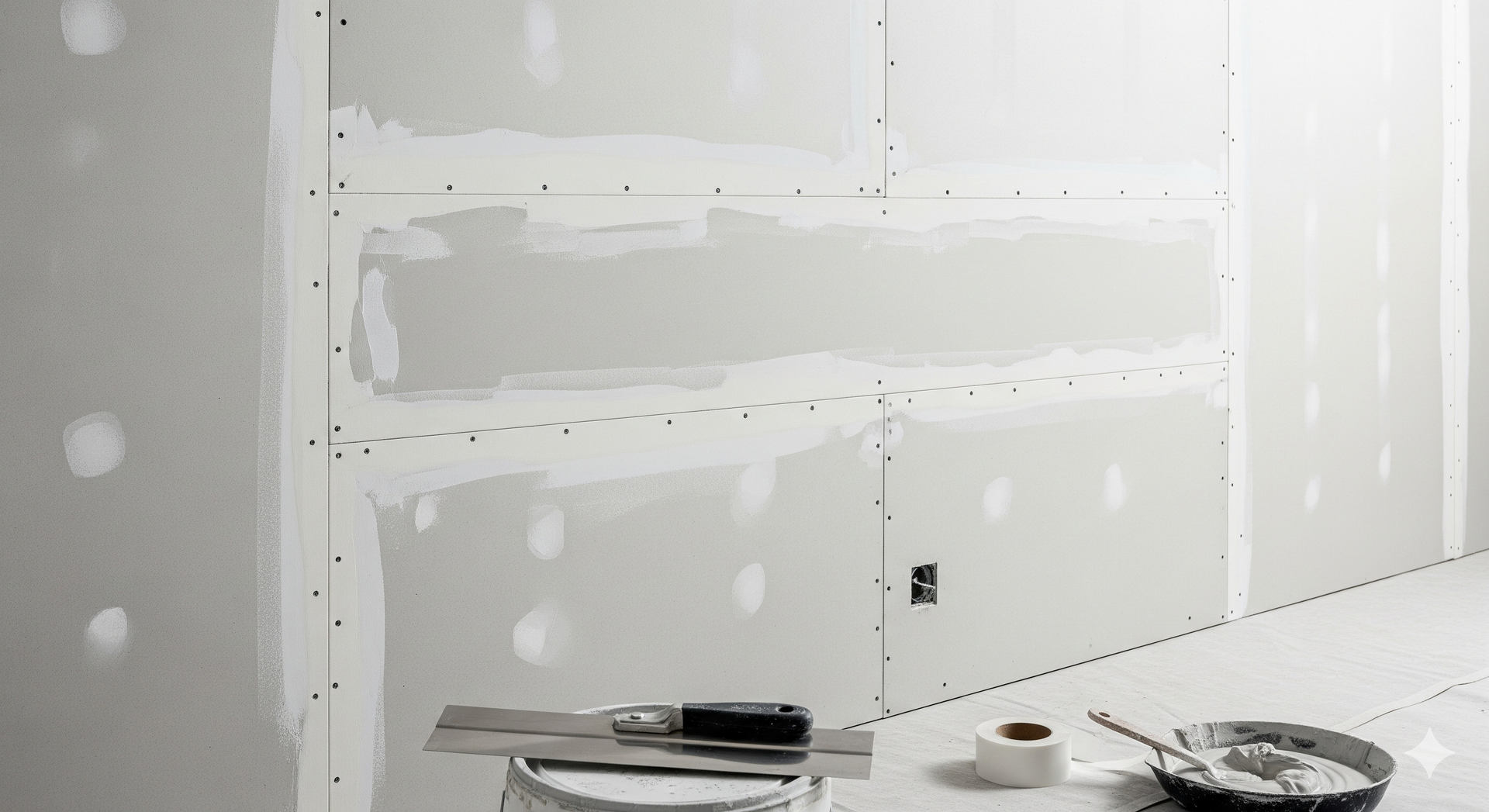 Drywall wall partially taped and mudded with tools on the floor.