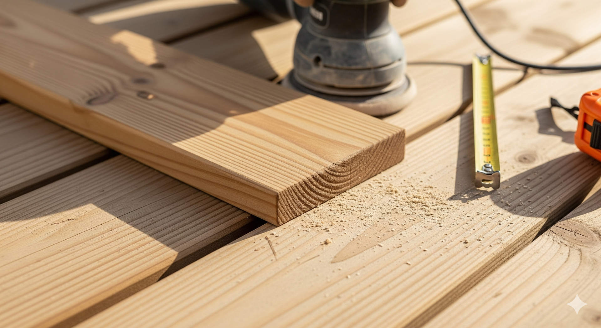 Wooden plank being sanded on a wood deck with power sander, measuring tape and sawdust.