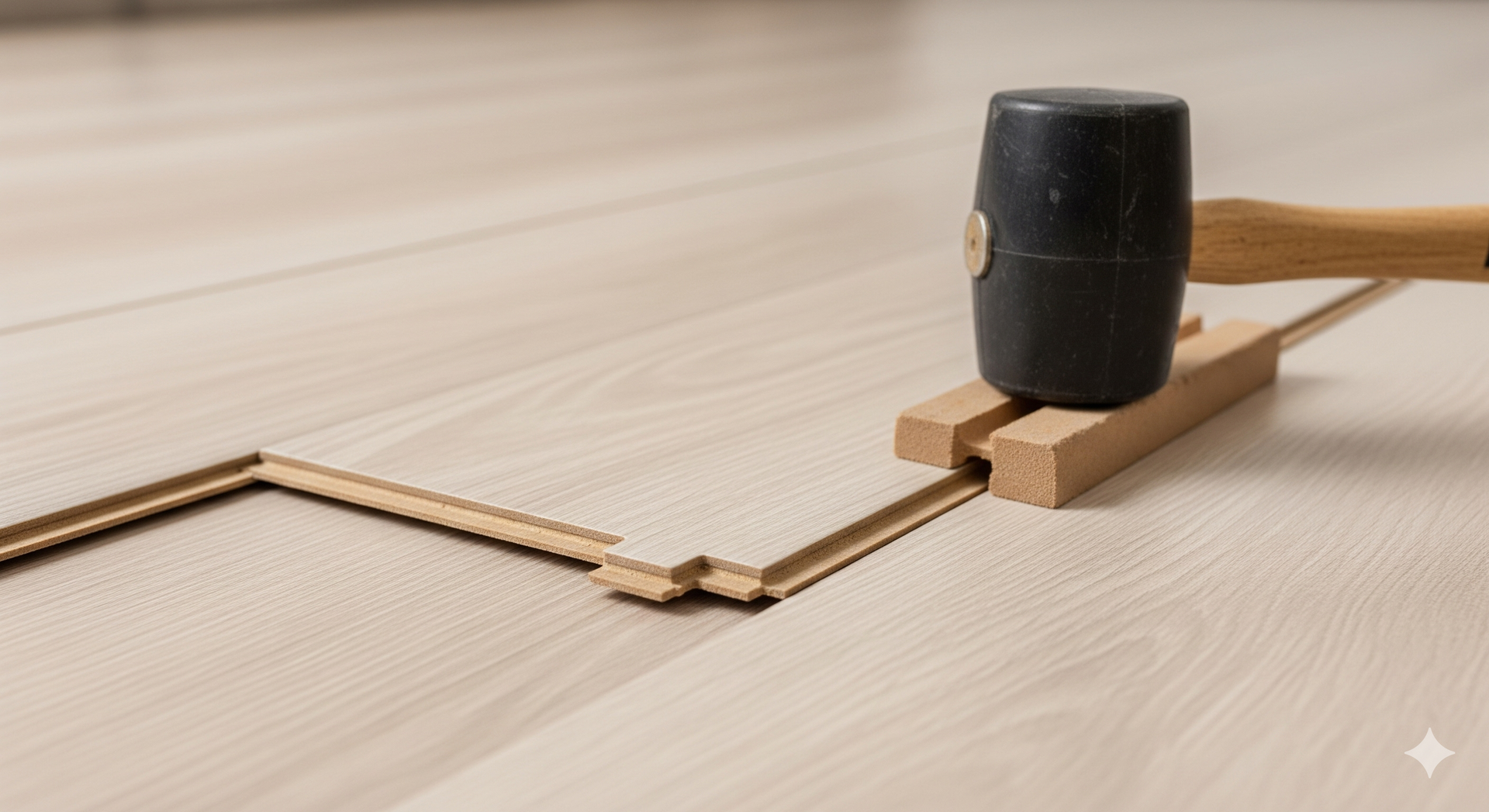 Installing laminate flooring: mallet hitting wooden block to join planks.