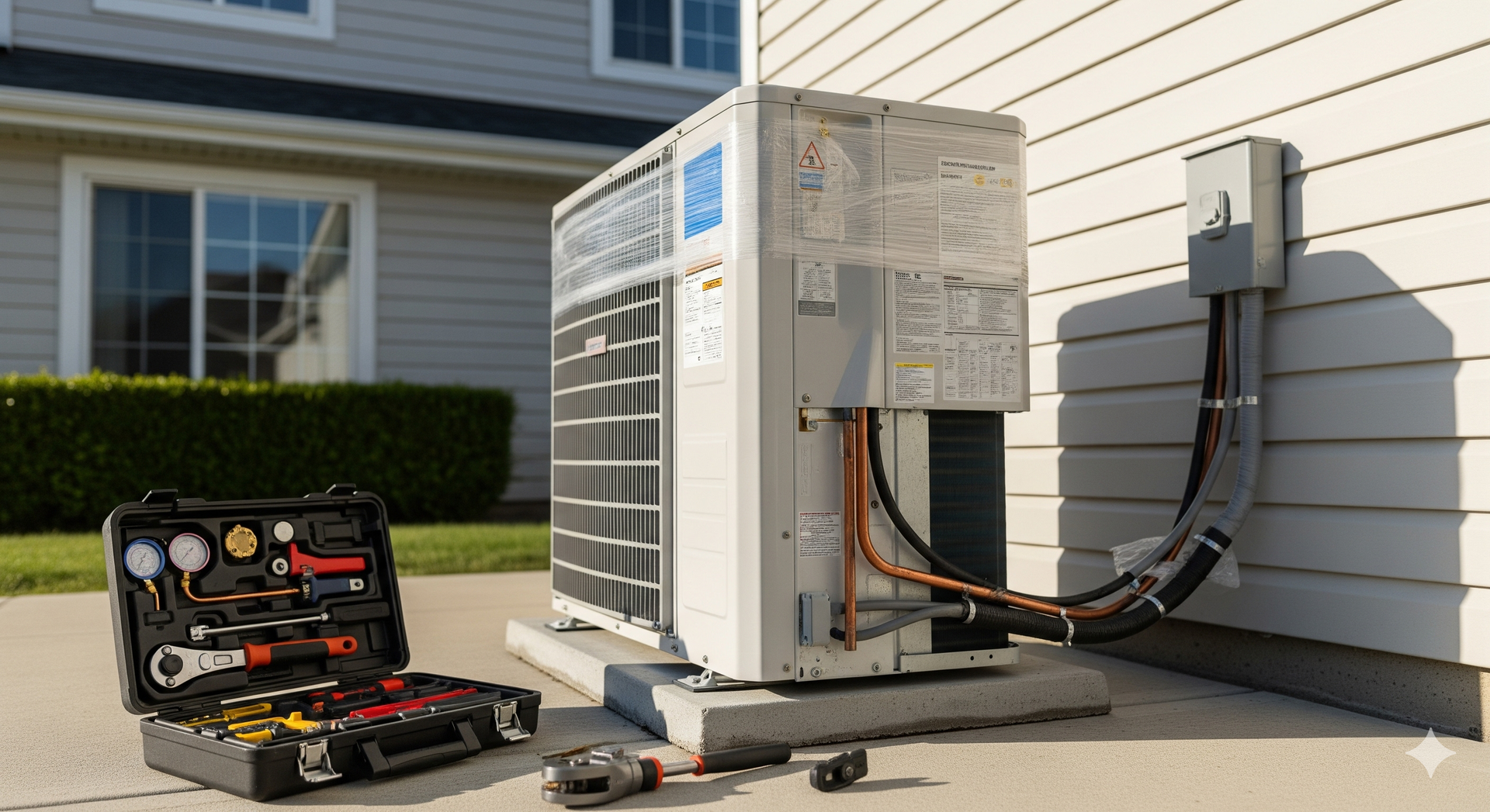 Air conditioner unit with open toolbox and tools.