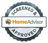 Screened & approved HomeAdvisor badge with gray circular seal and orange house icon