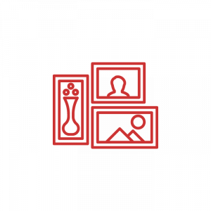 a red line icon of a vase , a person , and a mountain .