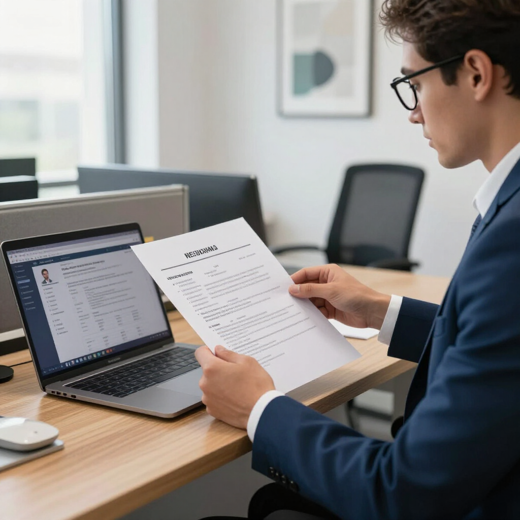 Una persona vestida con un traje azul revisa un currículum impreso.