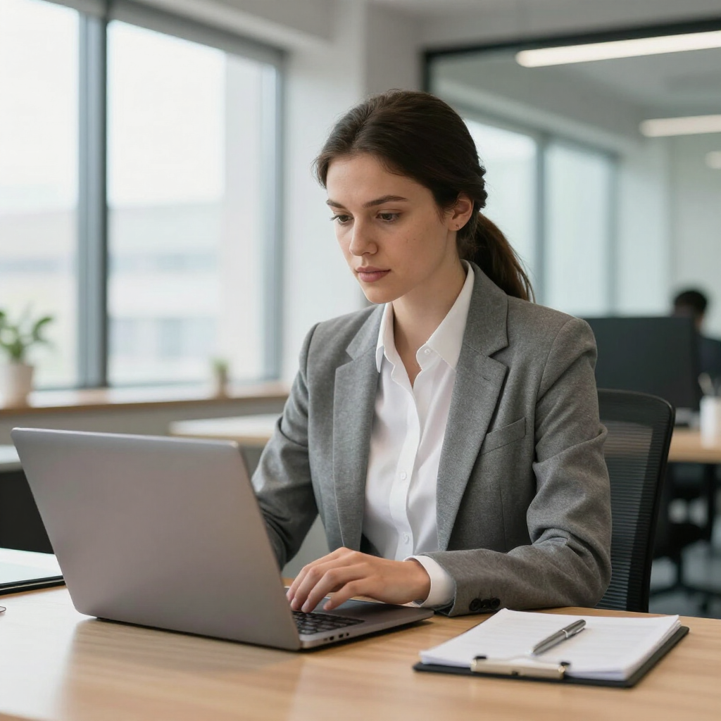Una persona vestida con ropa de negocios tecleando en un ordenador portátil.