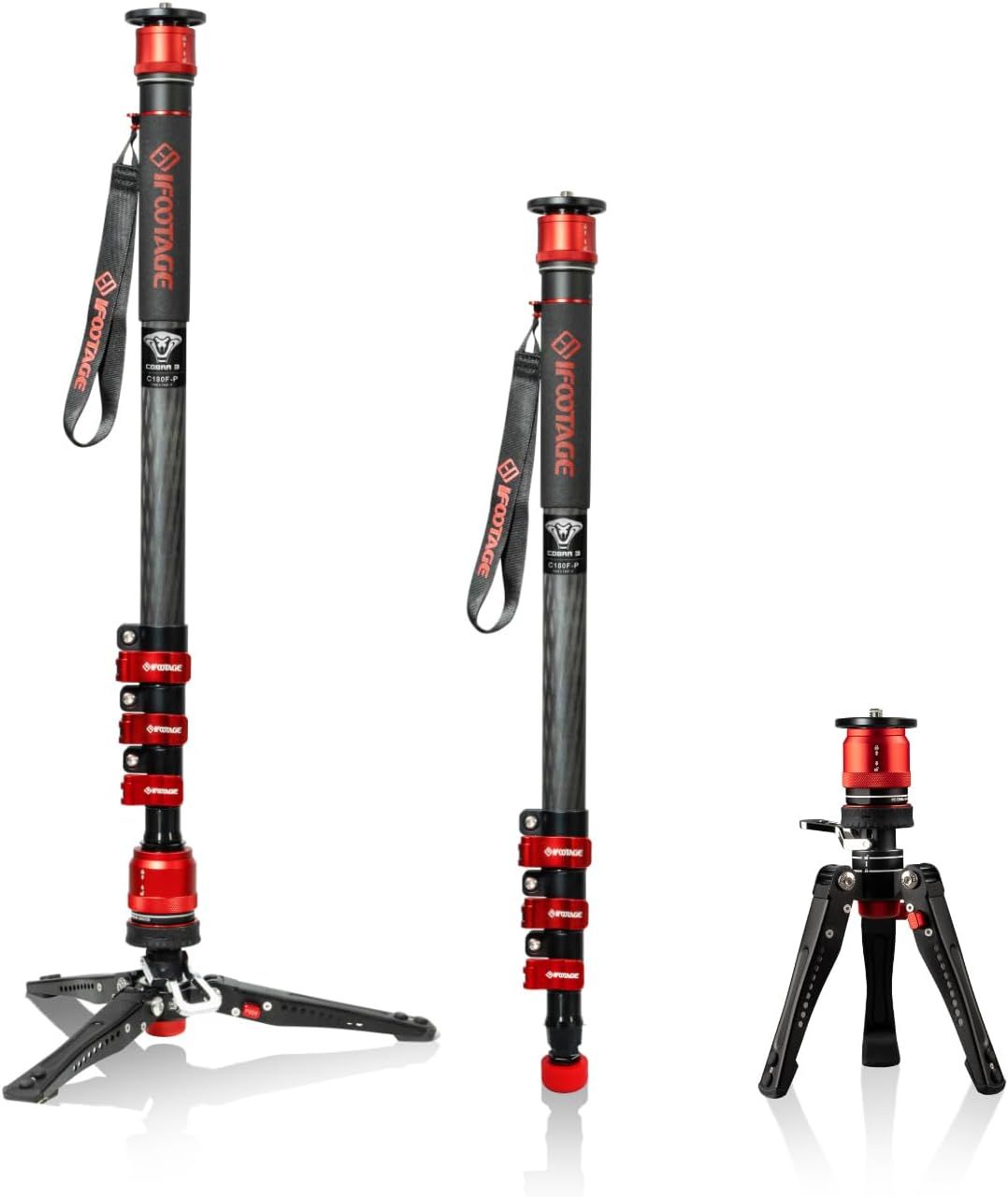 Three different types of tripods are sitting next to each other on a white surface.