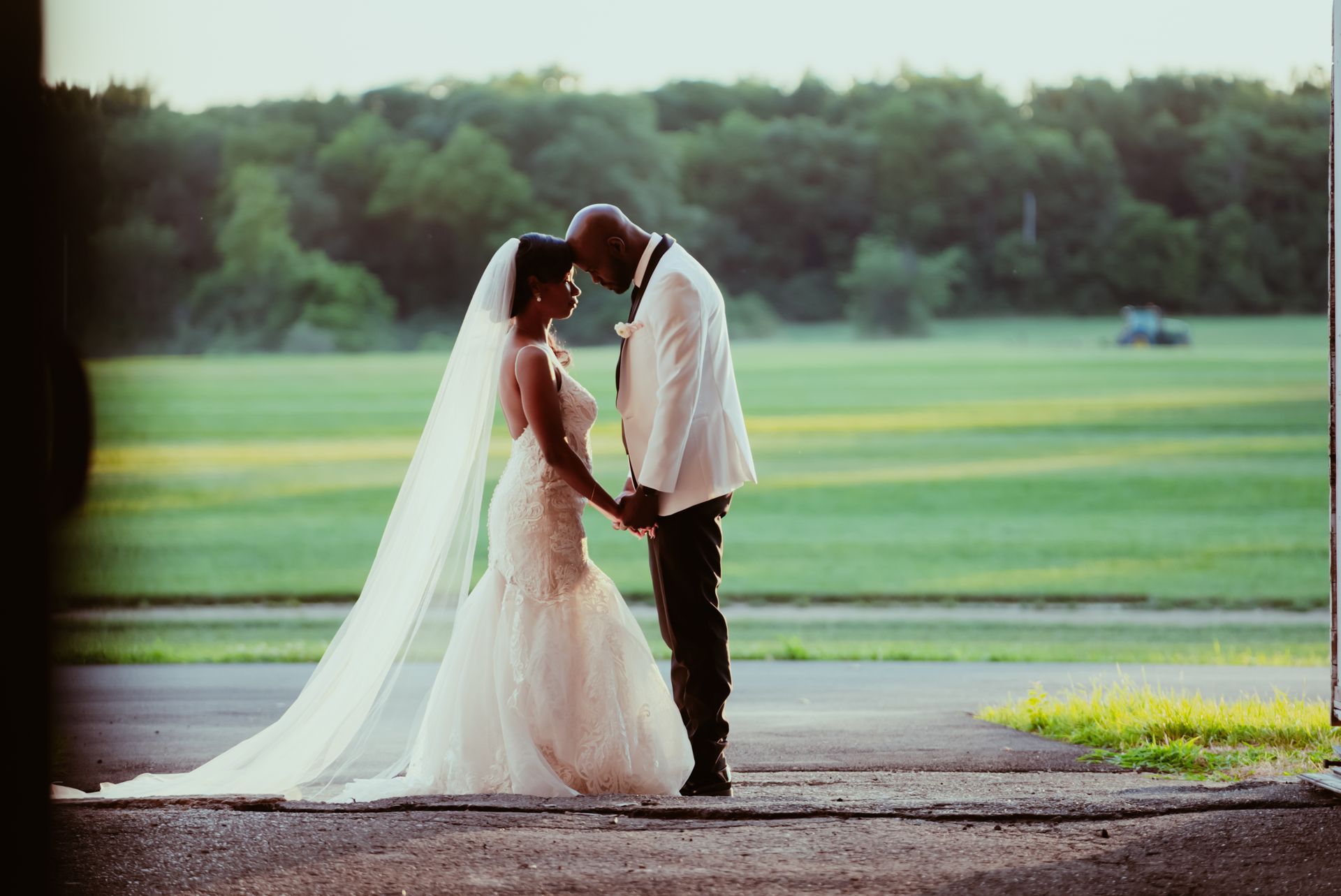 A bride and groom are kissing in front of a field.