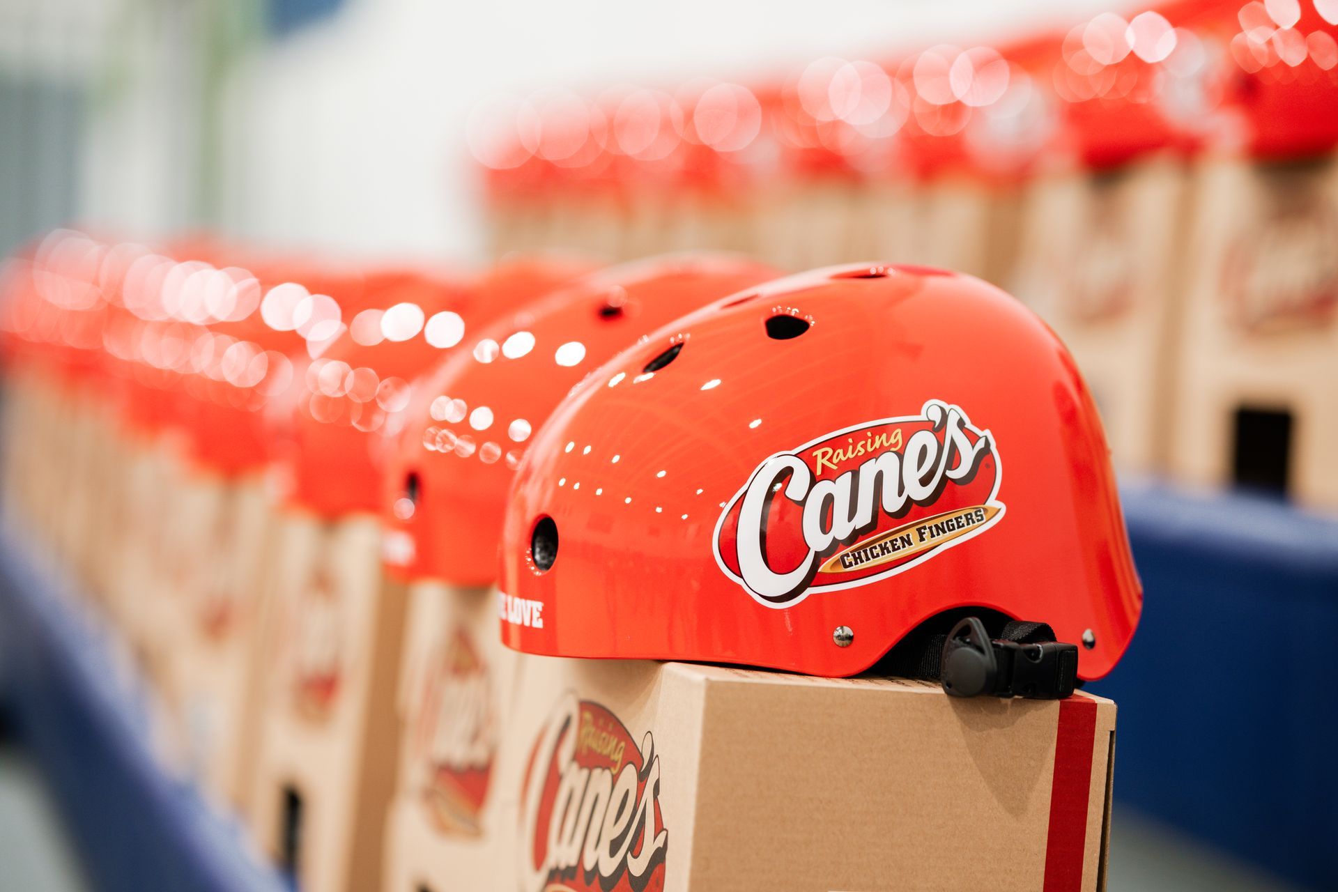 A red cane 's helmet is sitting on top of a cardboard box