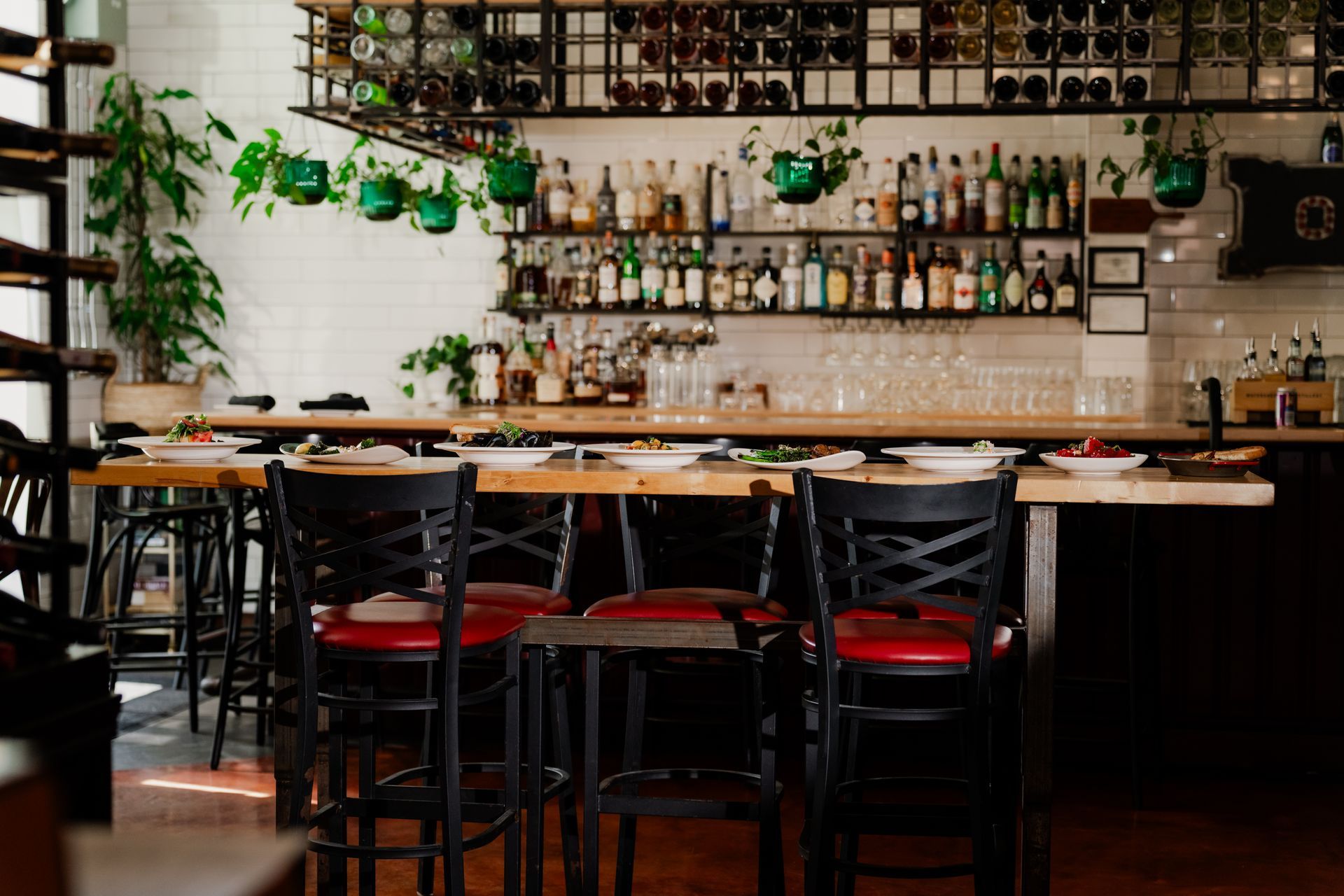 Restaurant bar with stools, bottles of liquor, and hanging plants.
