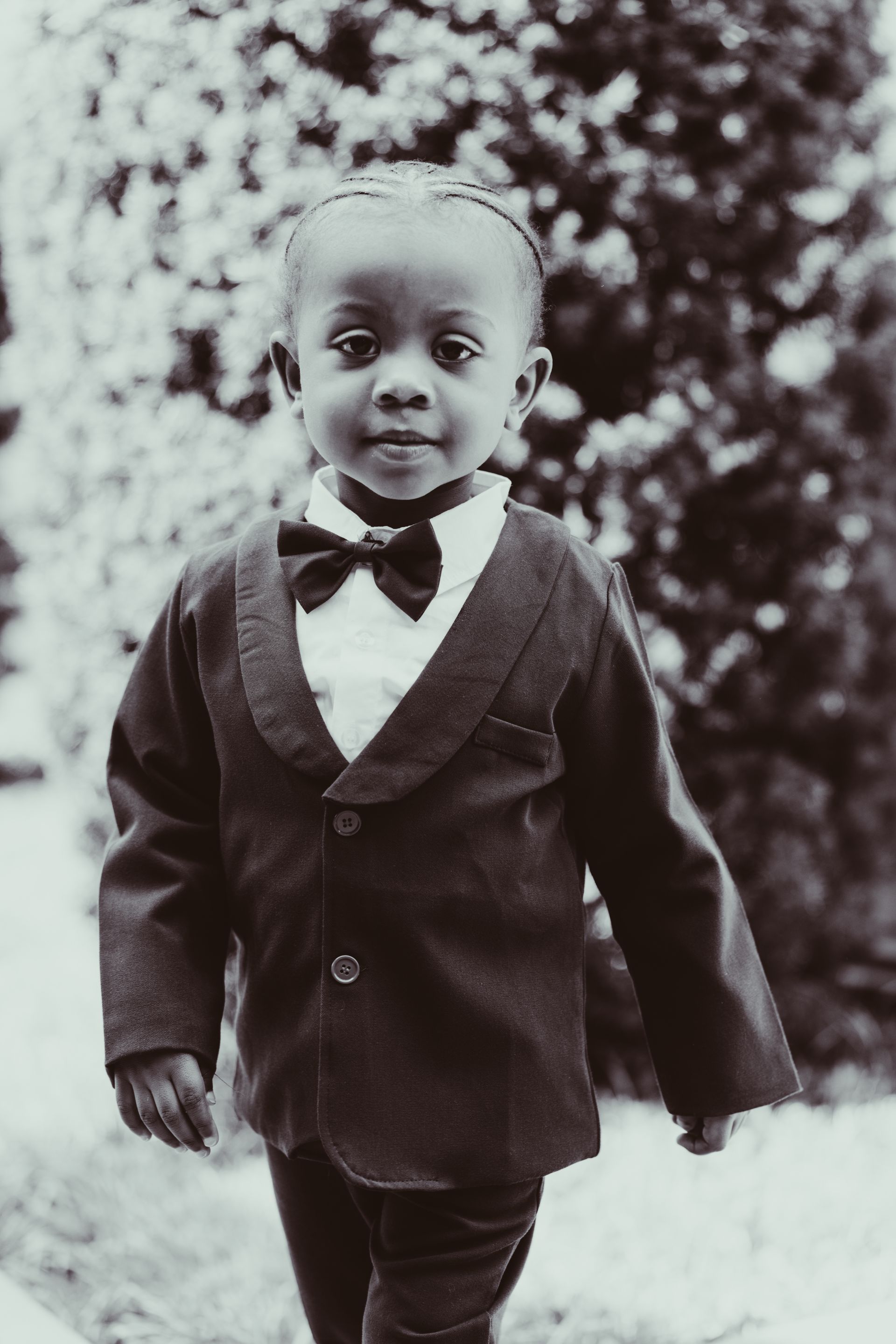 A black and white photo of a little boy wearing a tuxedo and bow tie.