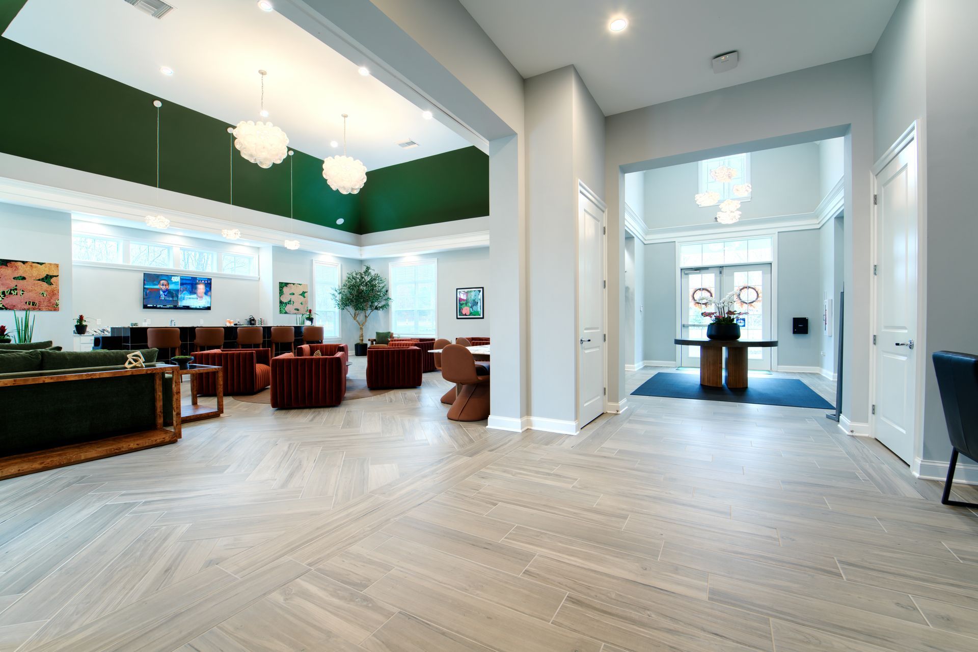 A large room with a lot of furniture in it.