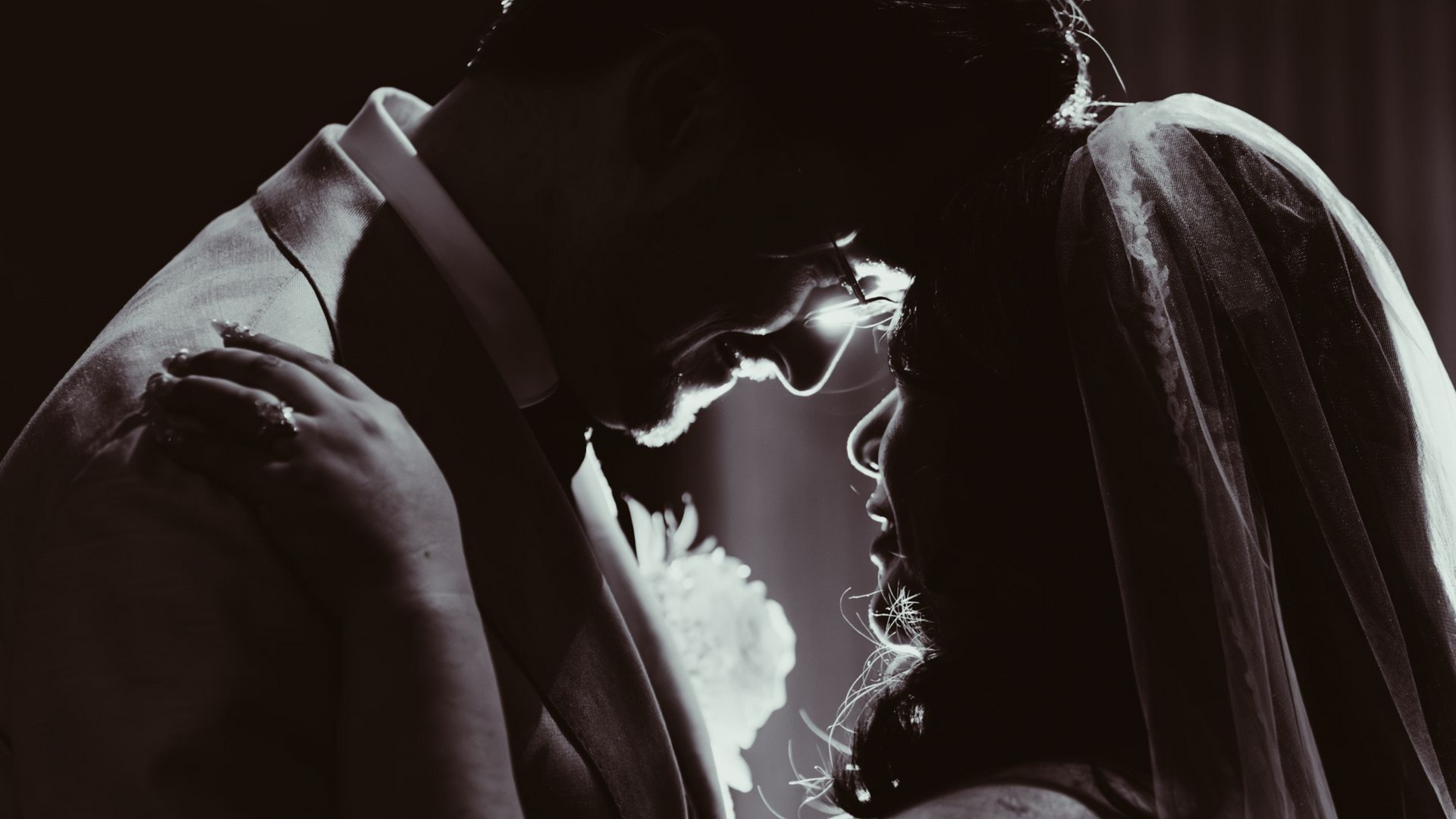 Wedding couple embracing, faces close, in silhouette. Bride wears veil, groom in suit. By kodjo somana | franklin park conservatory