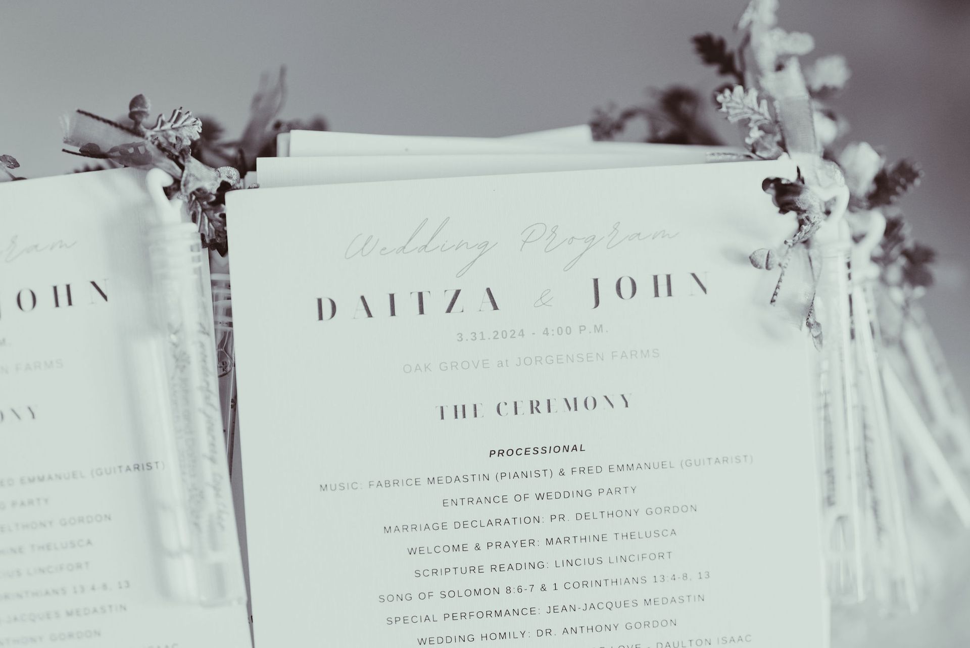 A black and white photo of a wedding program