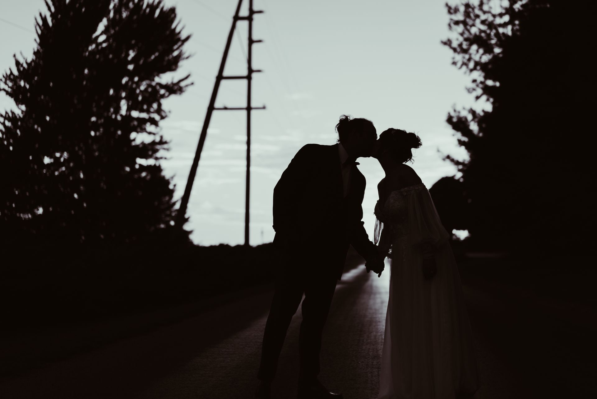 A bride and groom are kissing in front of a power line.