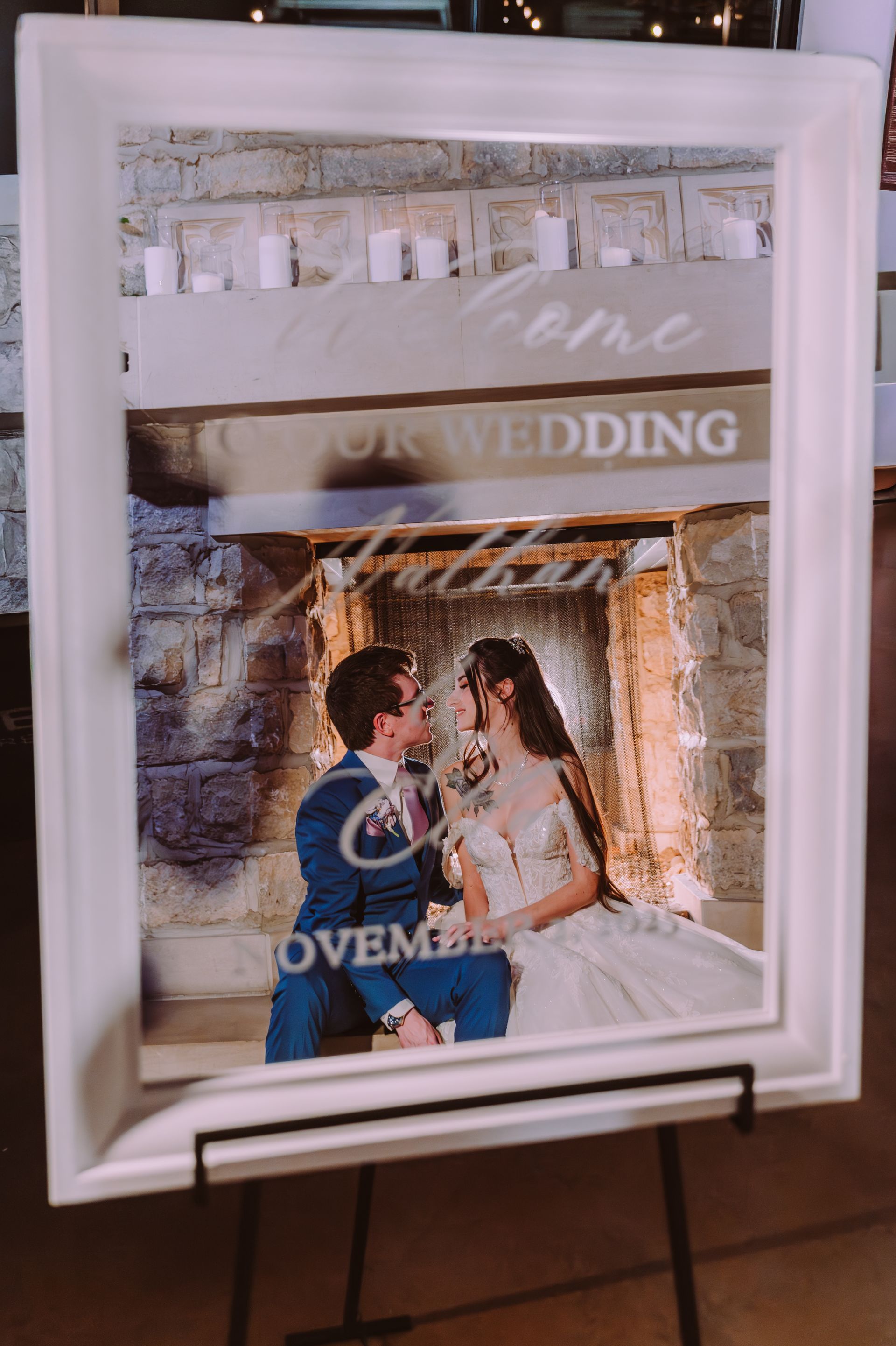 Wedding welcome sign featuring a couple, with 
