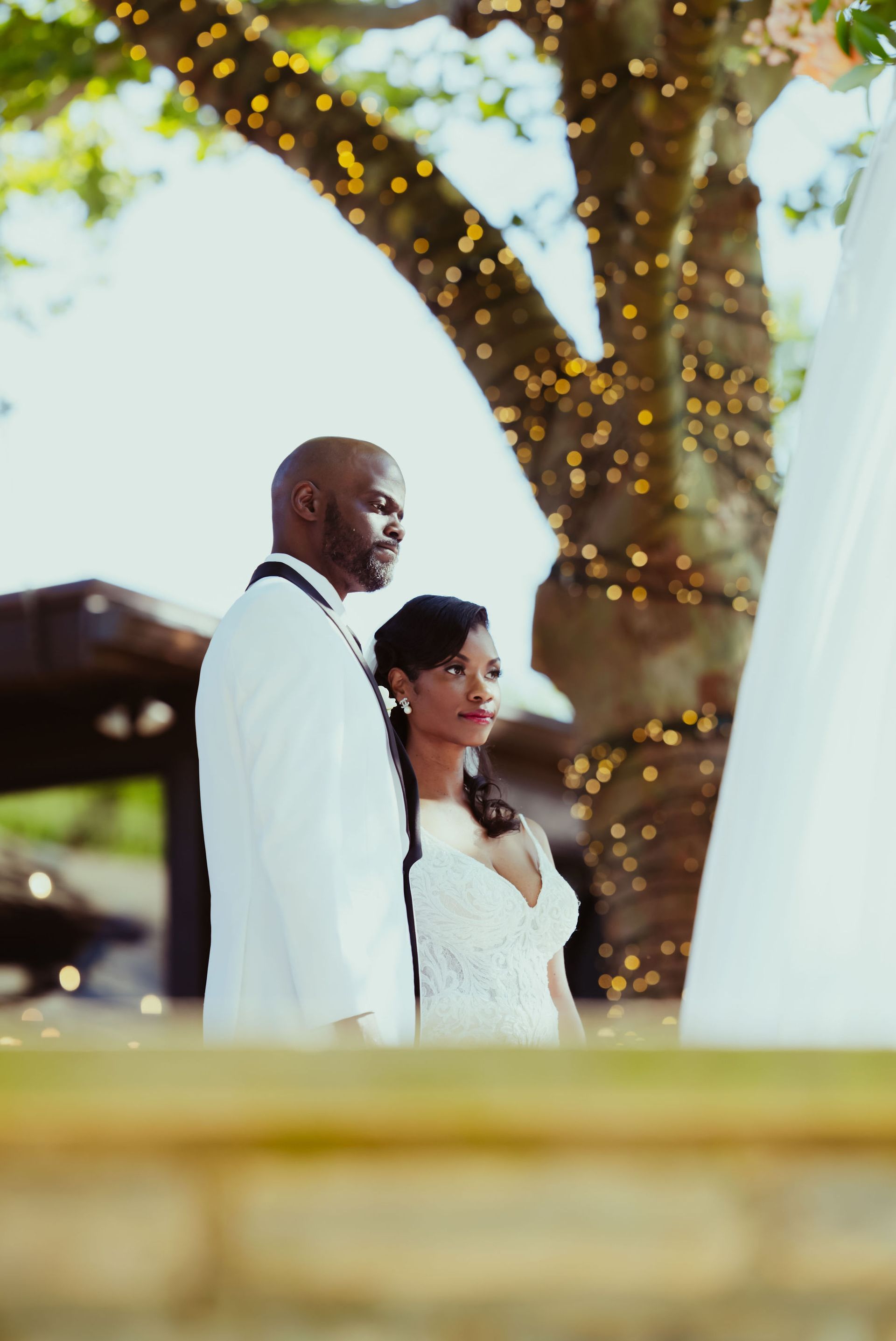 A bride and groom are standing under a tree at their wedding.