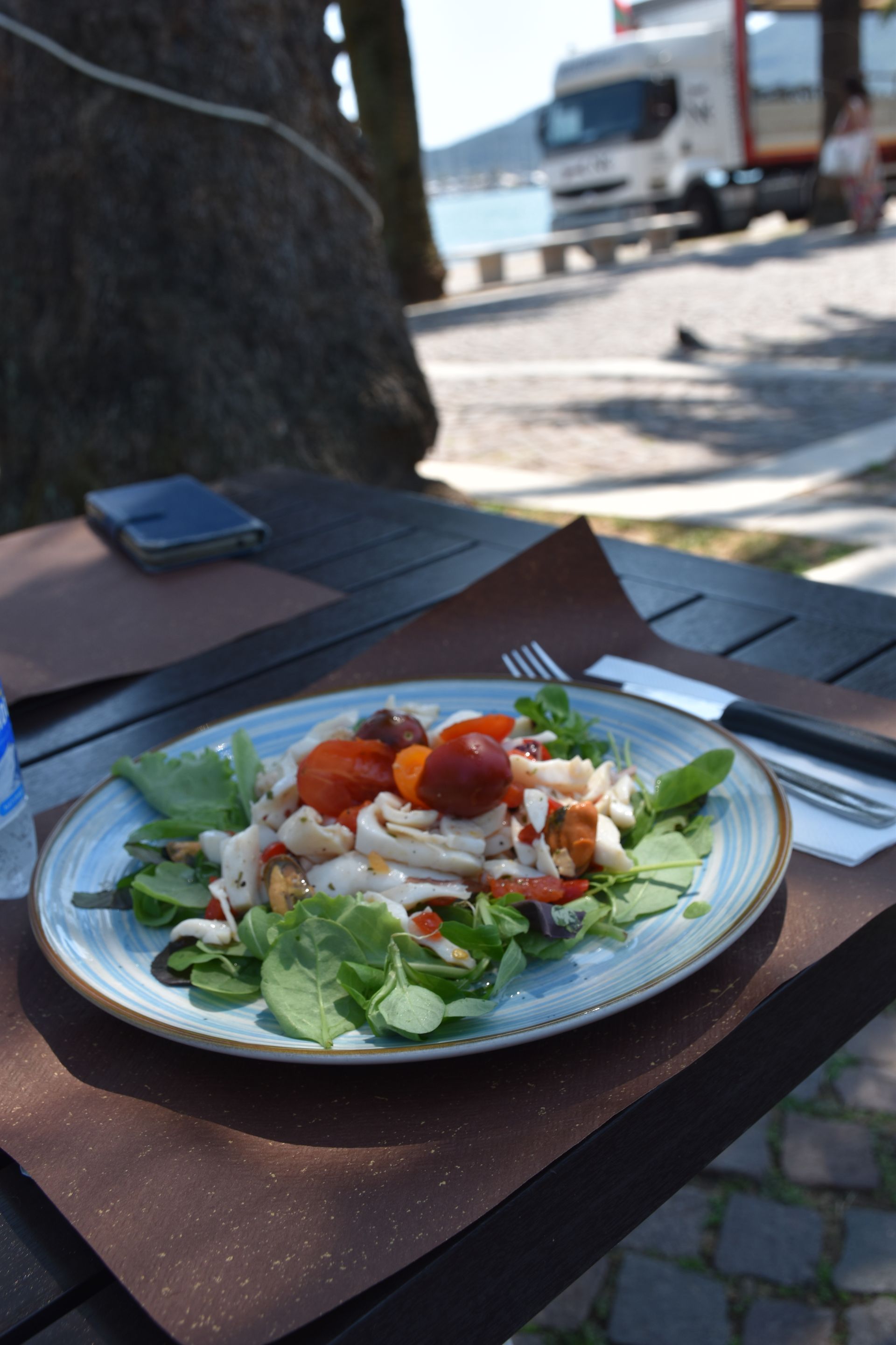 Insalata su un piatto blu con verdure e pomodori su un tavolo all'aperto con vista sulla strada.