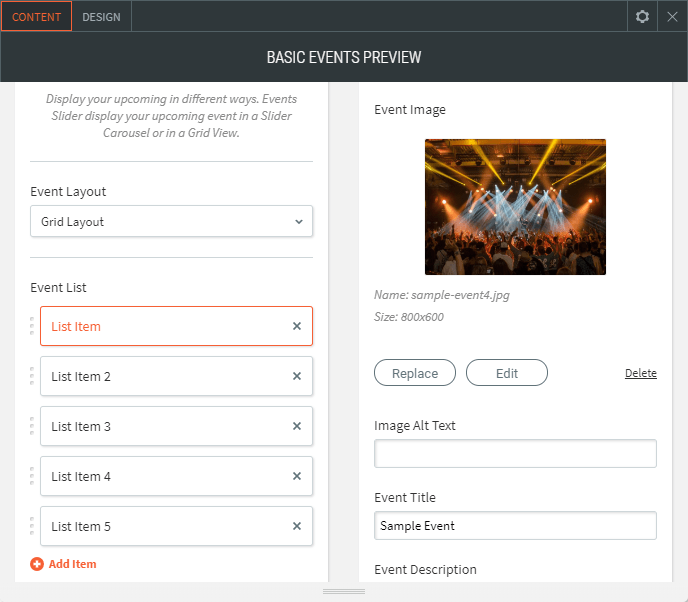 basic events preview widget