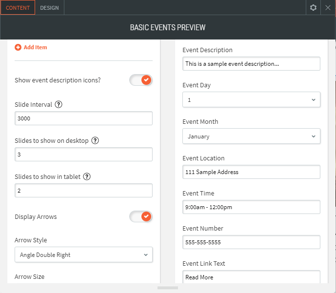 basic events preview widget