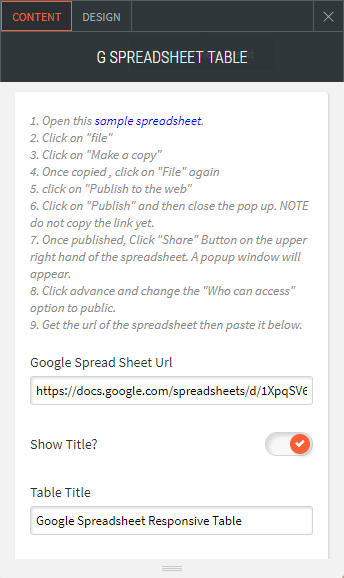 google spreadsheet table widget