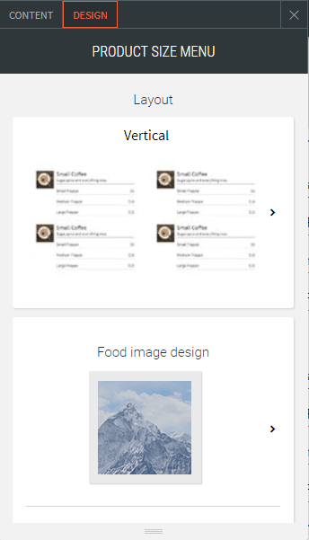 product size menu list