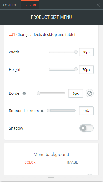 product size menu list