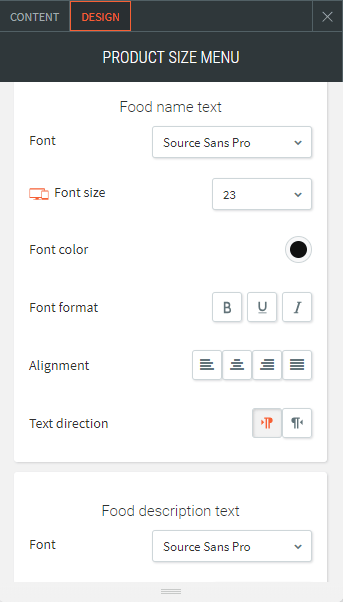 product size menu list