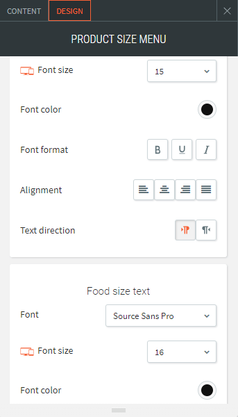 product size menu list