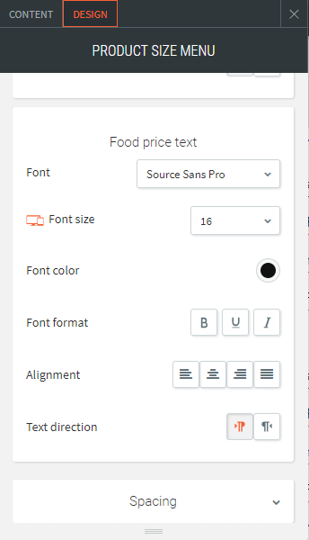 product size menu list