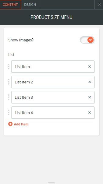 product size menu list