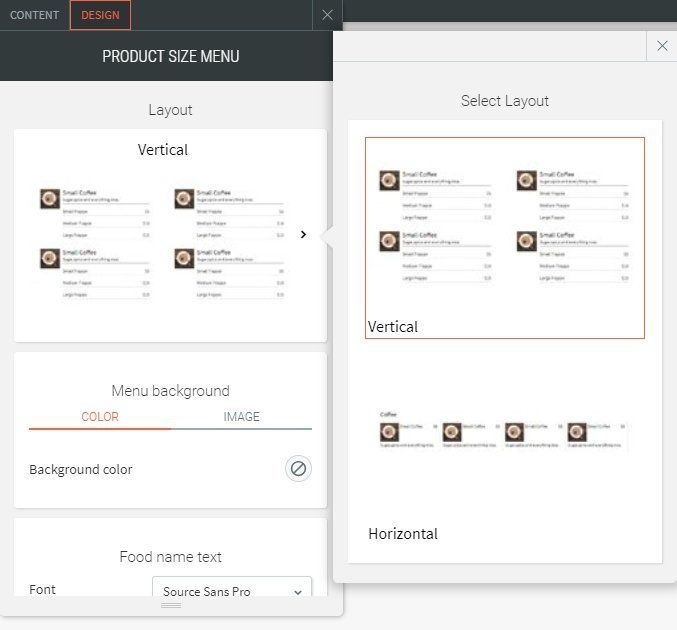 product size menu list