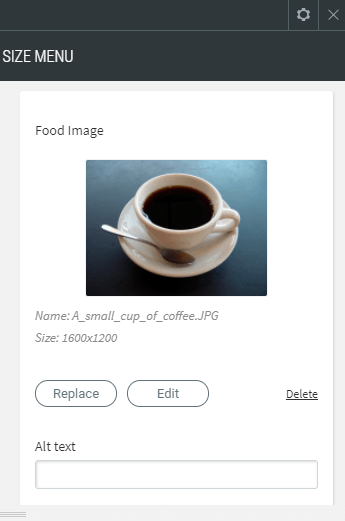 product size menu list