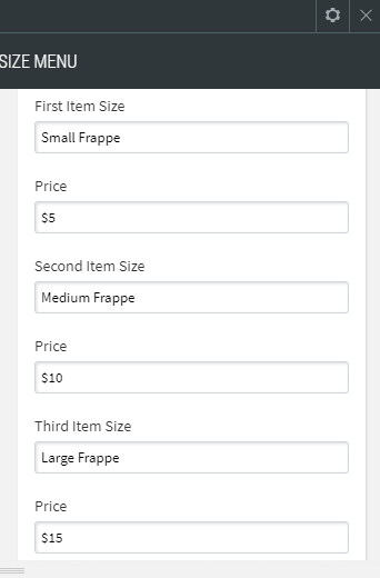 product size menu list