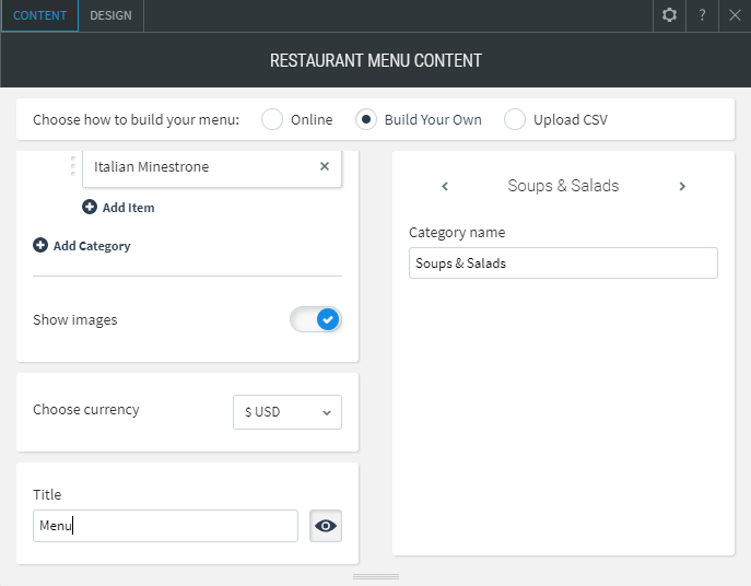 restaurant menu widget