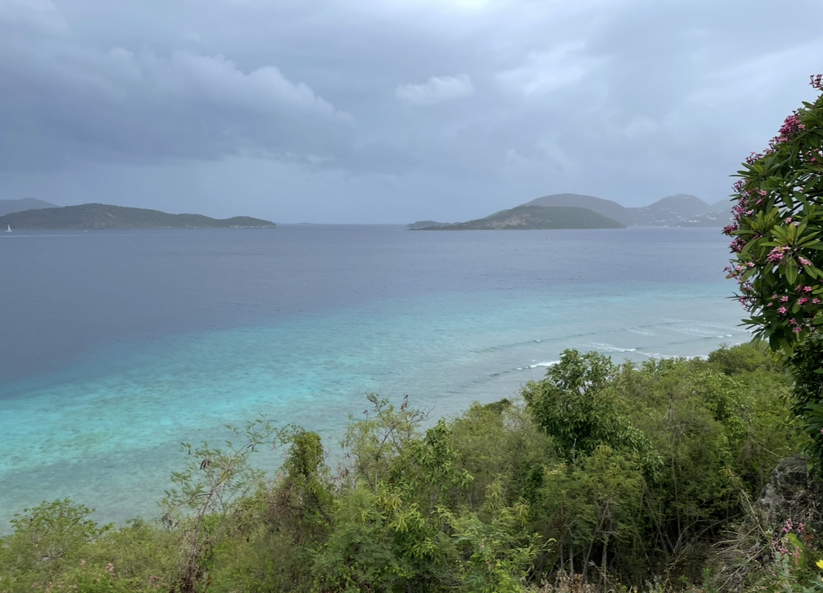 Ocean view with turquoise shallows, dark blue water, and islands under a cloudy sky. Green foliage in the foreground.