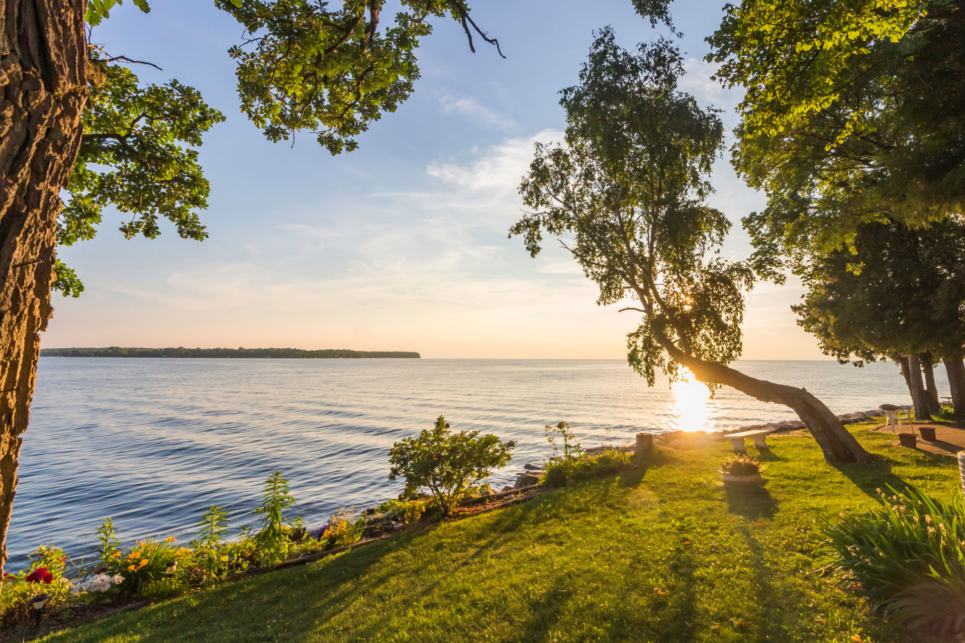 Lakeshore scene at sunset, with trees framing the view of the water and horizon. Golden sunlight.