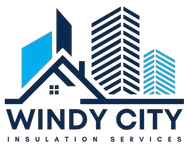 Logo of "Windy City Insulation Services" with city skyline and a house outline. Blue and dark blue colors.