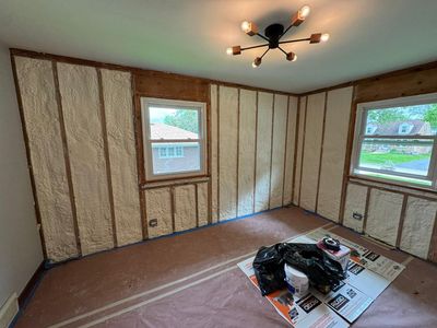 Room with exposed wall studs, insulation, and windows, prepared for finishing. Ceiling light fixture is installed.