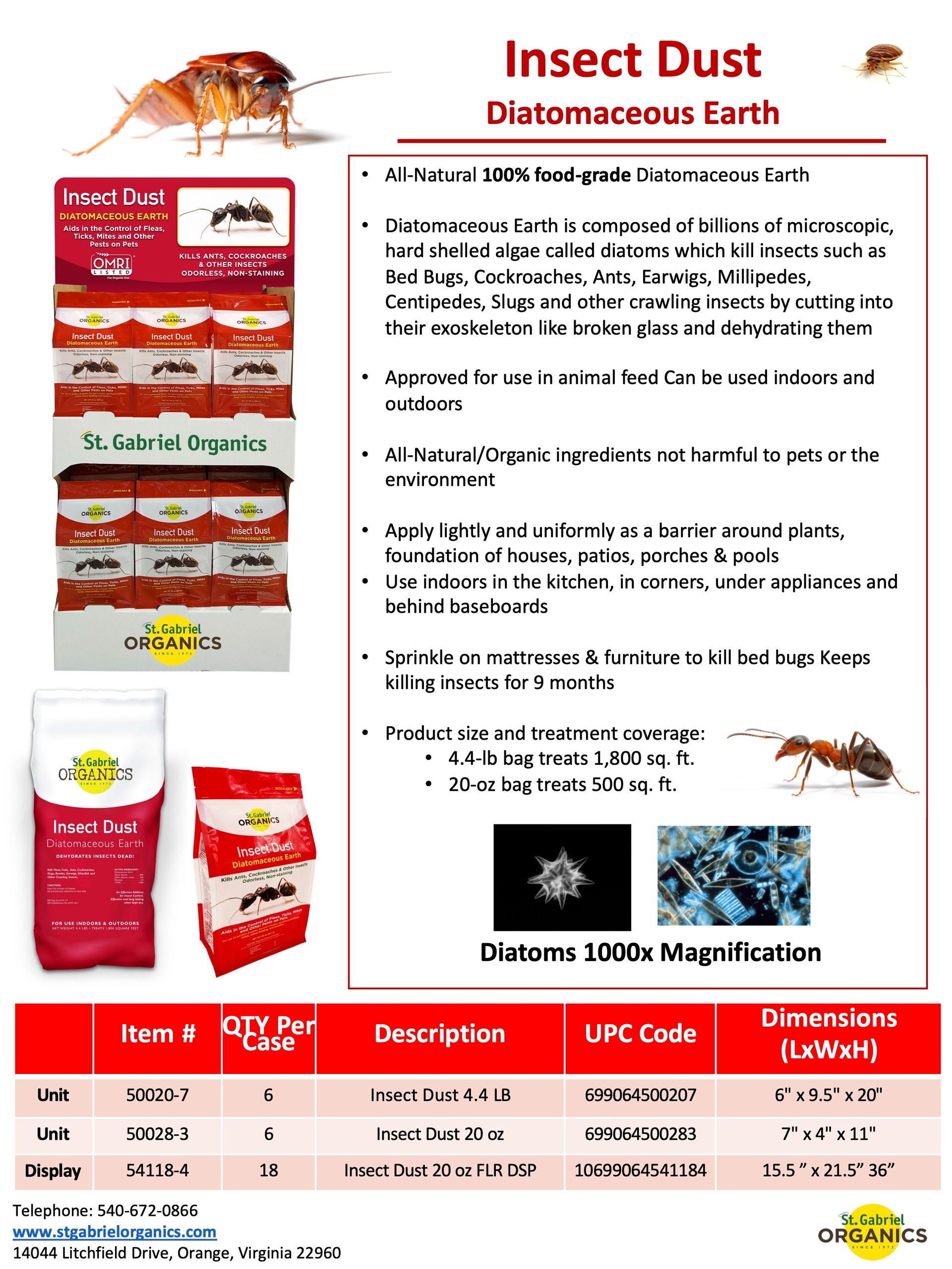 A flyer for insect dust diatomaceous earth with a picture of an ant on it.