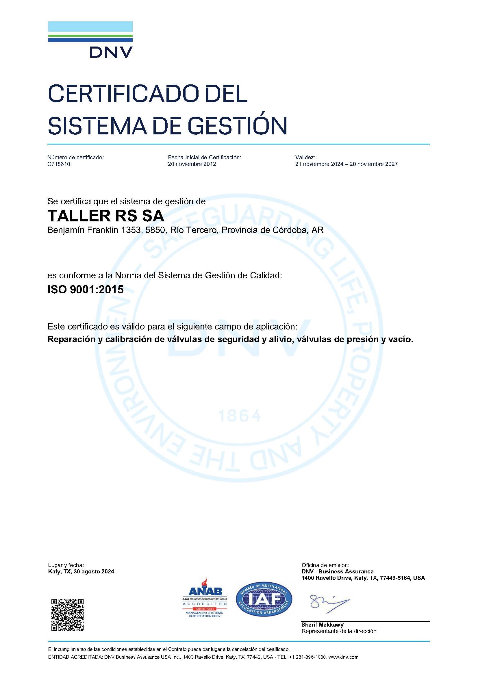 Certificado de sistema de gestión de DNV, con datos y logotipos de la empresa Taller RS ​​SA.