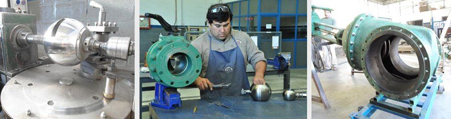 Tres imágenes que muestran componentes de maquinaria industrial y un trabajador ensamblándolos.