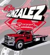 Red tow truck with "Go Gonzalez Speedy" logo. Phone number visible.