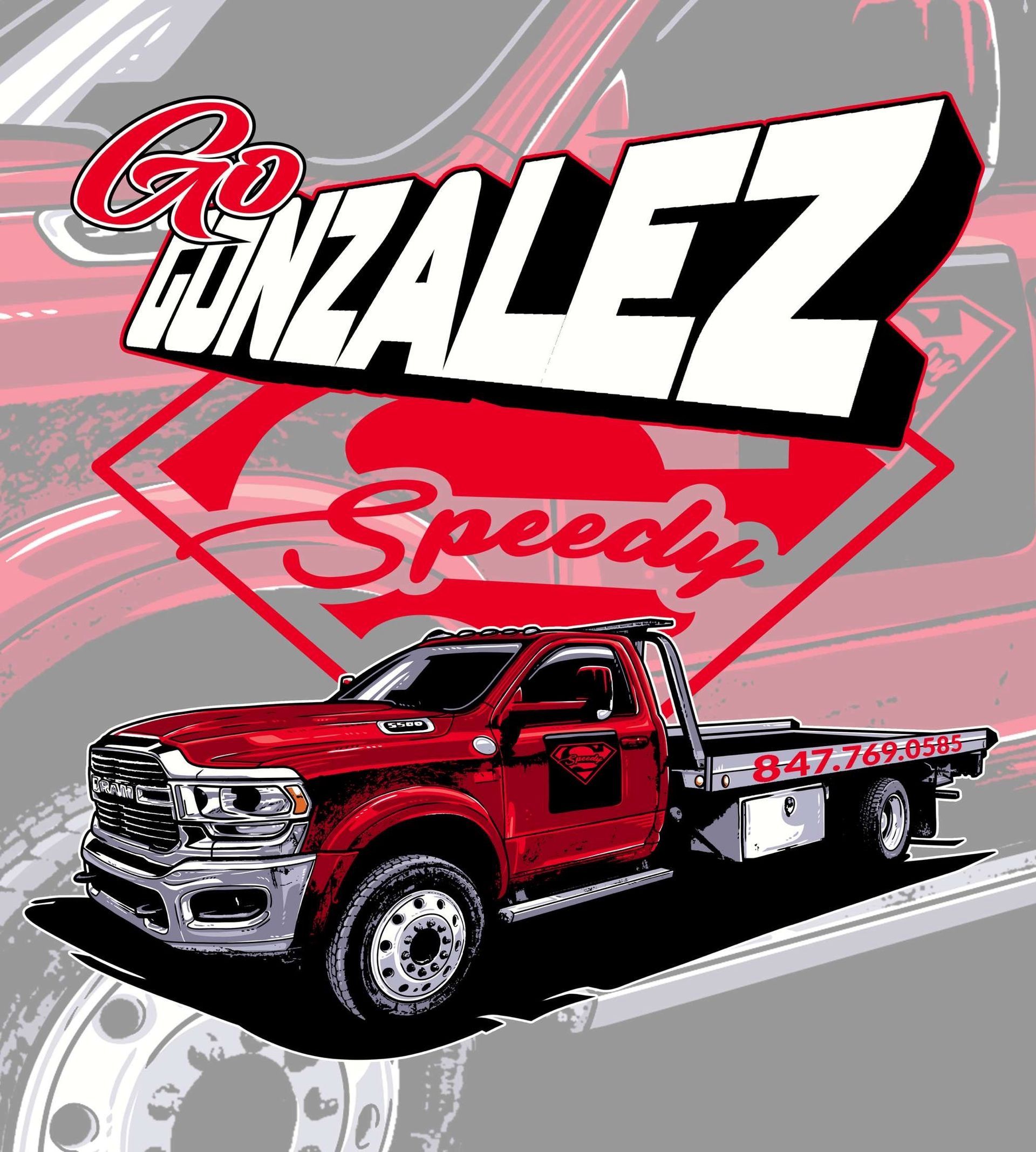 Red tow truck with "Go Gonzalez Speedy" logo. Phone number visible.