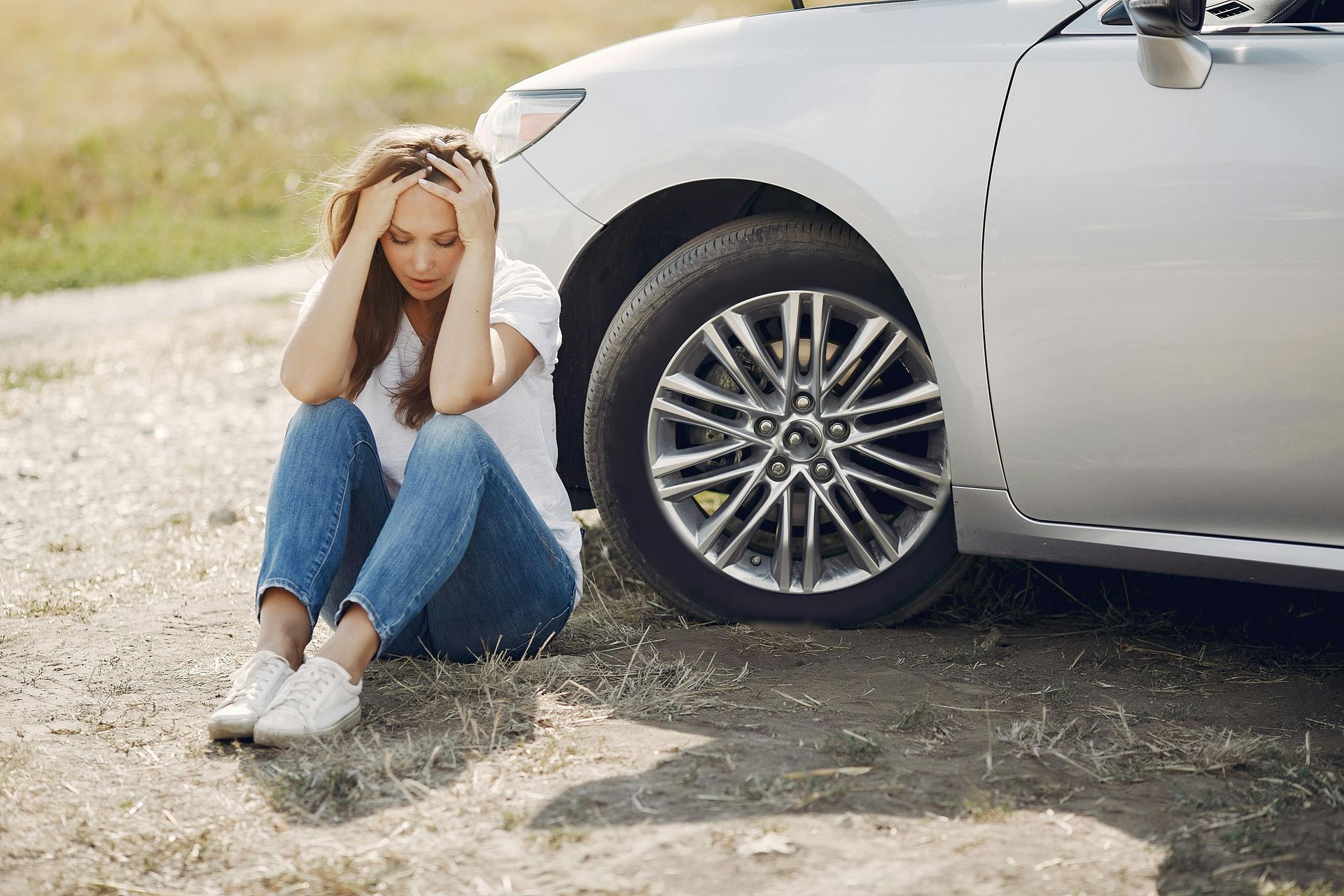 A woman is struggling with a broken tire