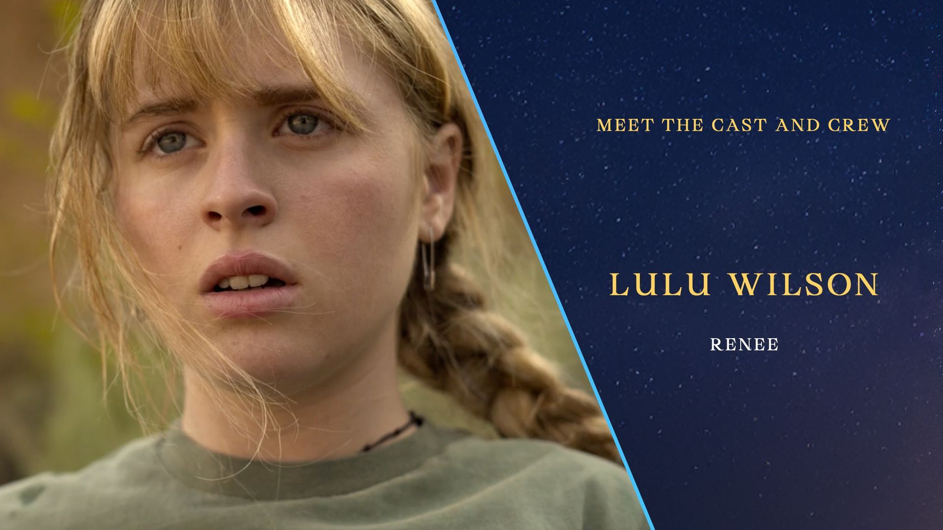 A close up of a woman 's face next to a poster for lulu wilson.