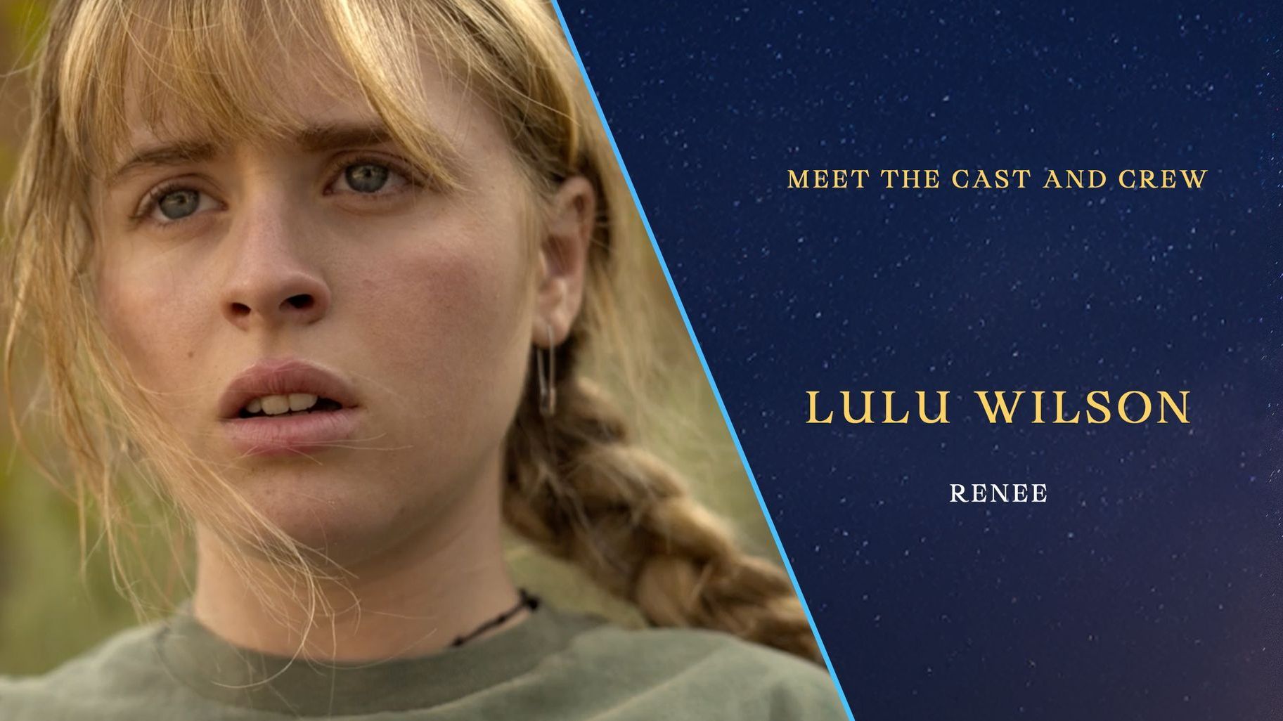 A close up of a woman 's face next to a poster for lulu wilson.