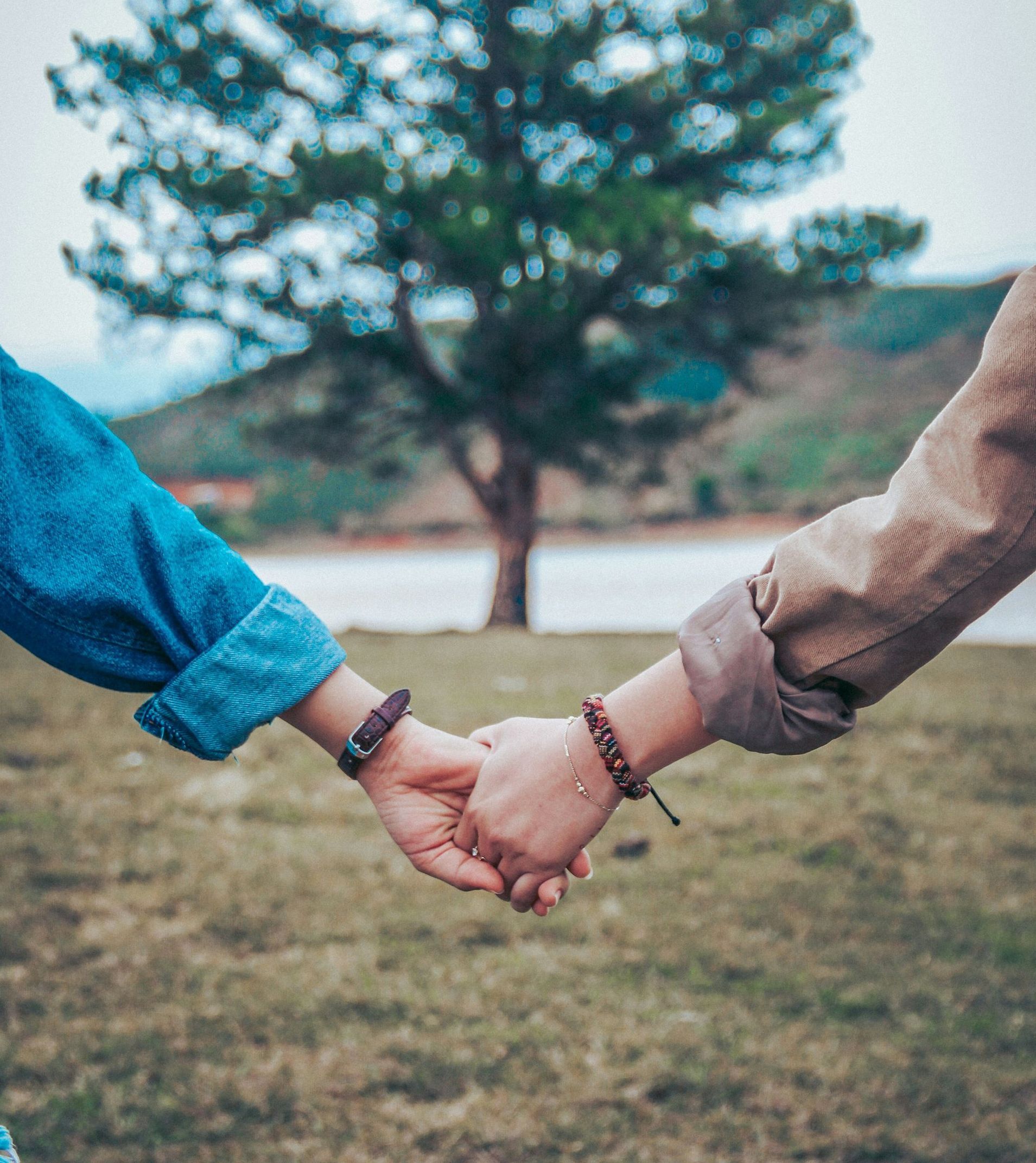 A couple holding hands with a tree in the background