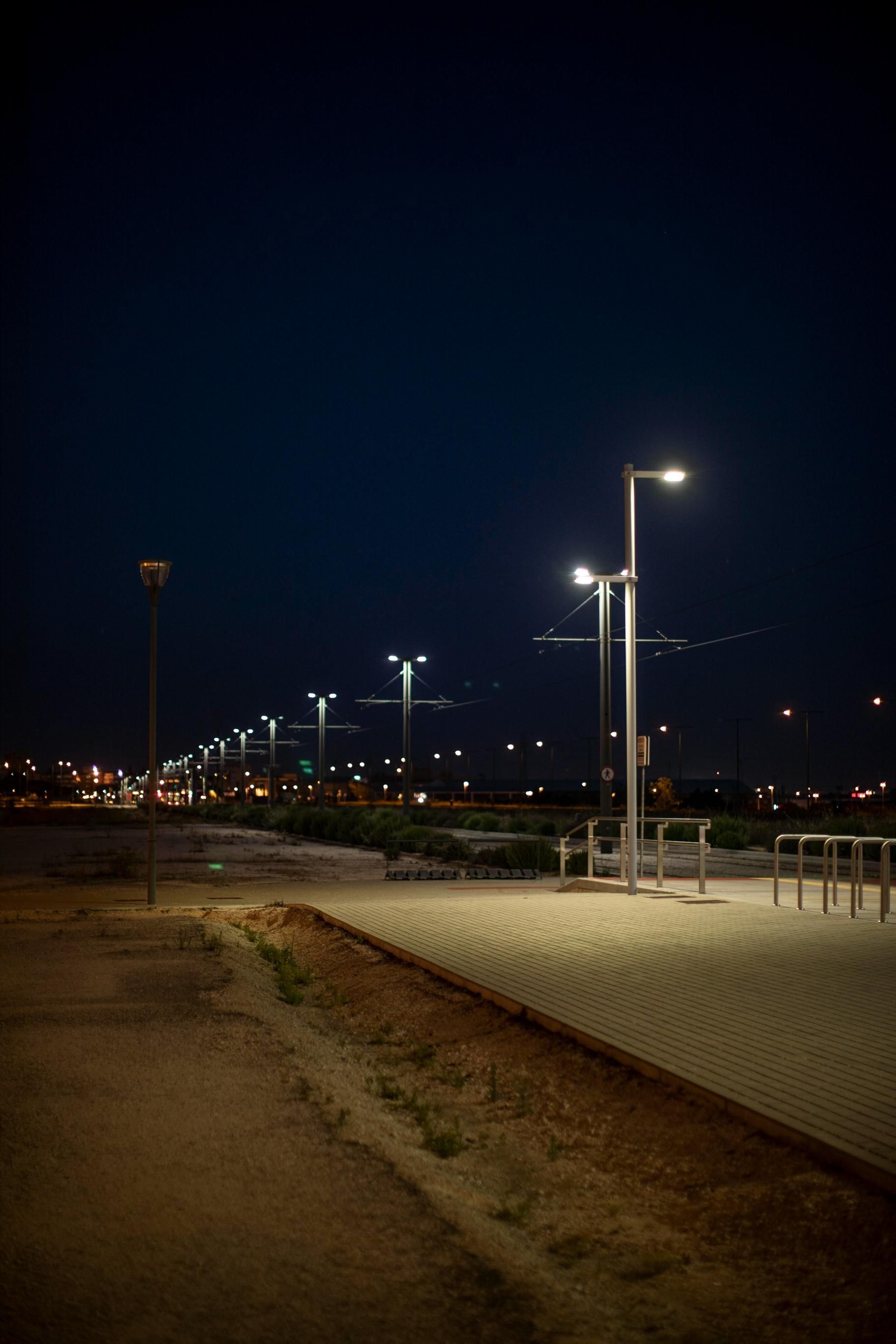 A row of street lights are lit up at night in a park.